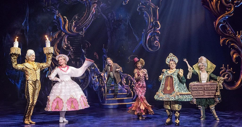 Danny Gardner, Kathy Voytko, Kevin Ligon, Cameron Monroe Thomas, Javier Ignacio, and Holly Ann Butler in Disney’s Beauty and the Beast. Photo by Matthew Murphy. © Disney