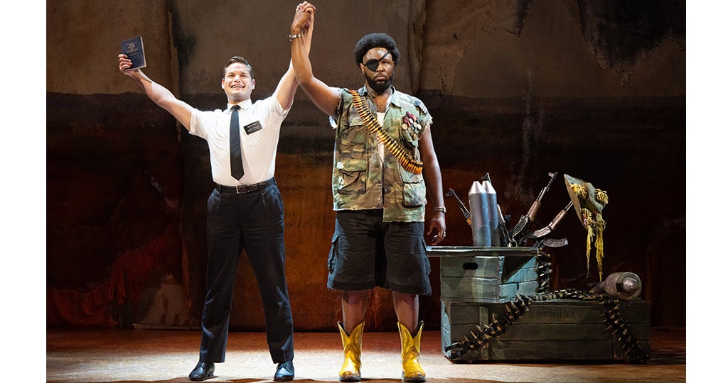 (L-R) Sam McLellan and Shafiq Hicks in THE BOOK OF MORMON North American tour Photo by Julieta Cervantes