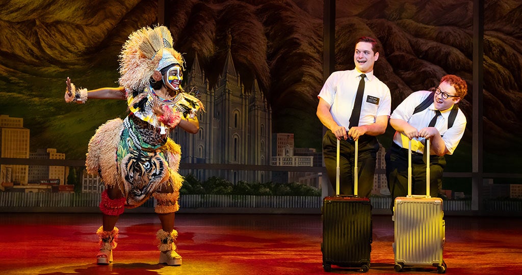 (L-R) Jewell Noel, Sam McLellan, and Jacob Aune in THE BOOK OF MORMON North American tour Photo by Julieta Cervantes