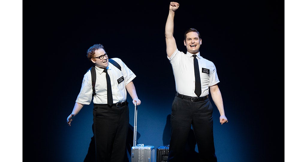 (L-R) Jacob Aune and Sam McLellan in THE BOOK OF MORMON North American tour Photo by Julieta Cervantes